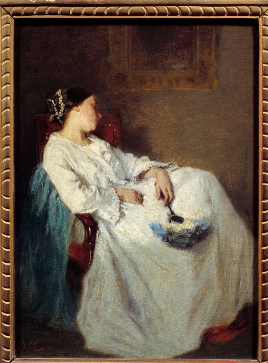 Sovande sittande kvinna Målning av Octave Tassaert (1800-1874) 1800-talets sön. 0,32 x 0,24 m av Octave Tassaert