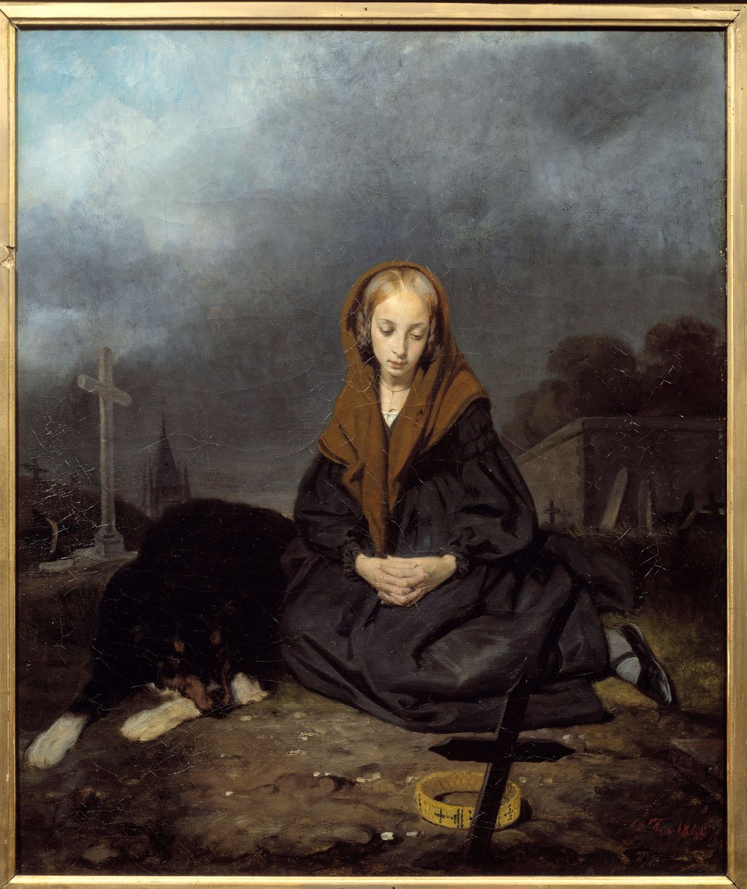 Ung flicka på kyrkogården Målning av Octave Tassaert (1800-1874) 1840 sön. 0,45x0,53 m Bayonne, Musee Bonnat av Octave Tassaert