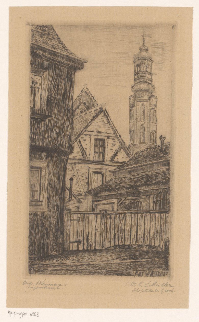 Stadsbild med tornet i Weimar Alt Weimar (titel på objekt) av Octavia Cornelia Suzanna Hofstede de Groot (signed by artist)