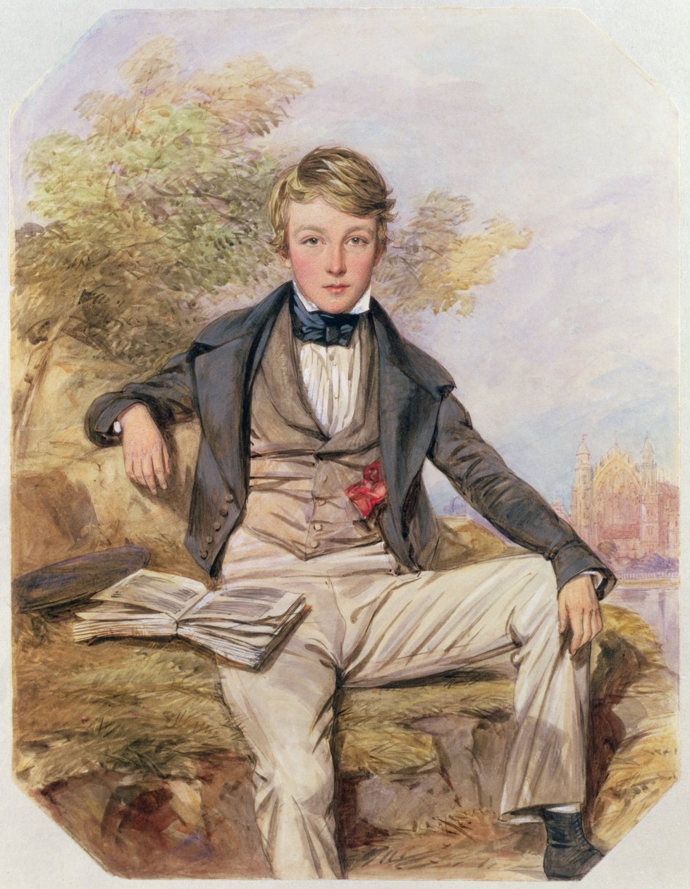 Porträtt av Benjamin Gibbons sittande, med utsikt över Eton College Beyond, ca 1838 (wc på papper) av Octavius Oakley