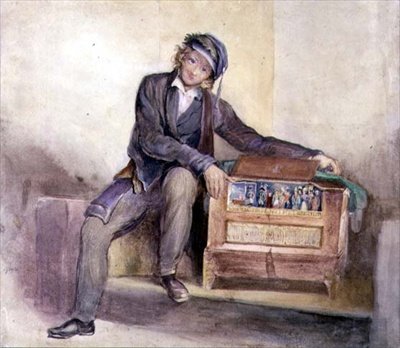The Organ grinder, ca 1840 (akvarell över penna på papper) av Octavius Oakley