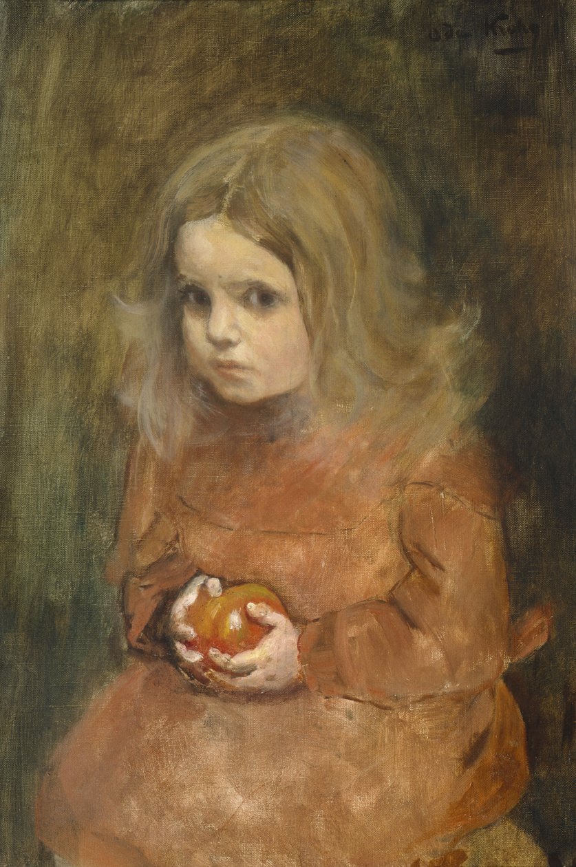 Liten flicka med äpple (olja på duk) av Oda Krohg