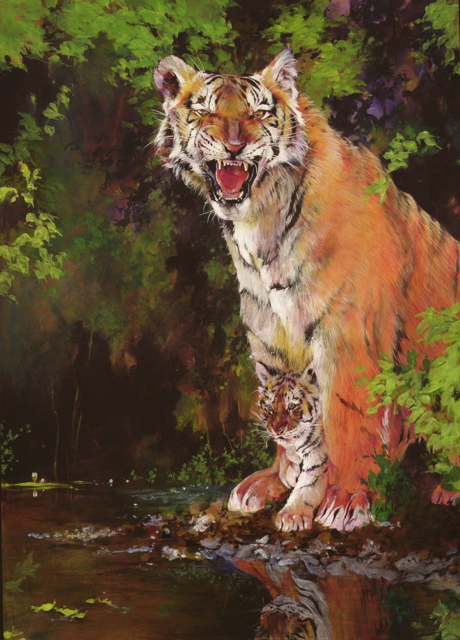 Mother and Baby II (Tigers) 1997 (akryl och blyertskrita på papper) av Odile Kidd