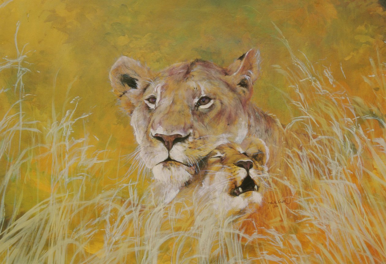 Mother and Baby I (Lions) 1995 (bläck, akryl och blyerts på papper) av Odile Kidd