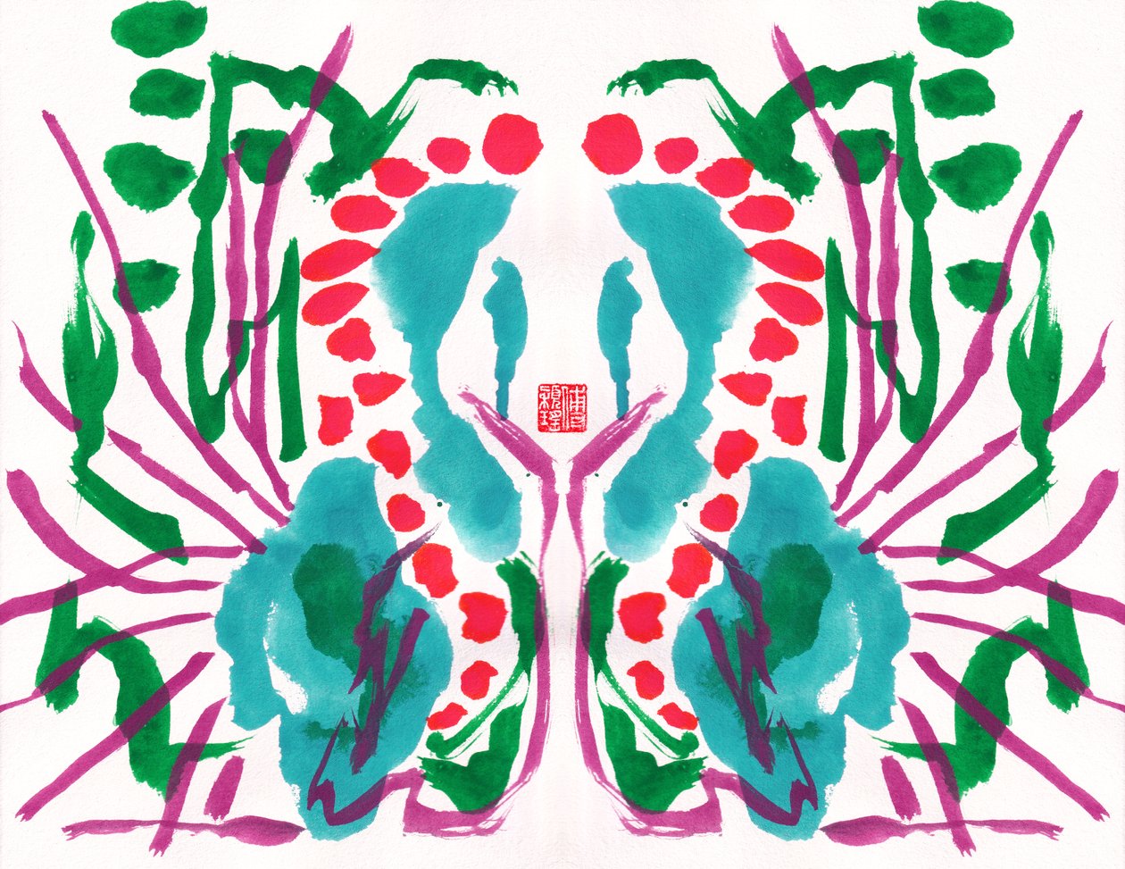 Påfågel Grön Röd Blommigt Mönster, 2023 (gouache på papper, digital) av Odilia W. Y. Fu
