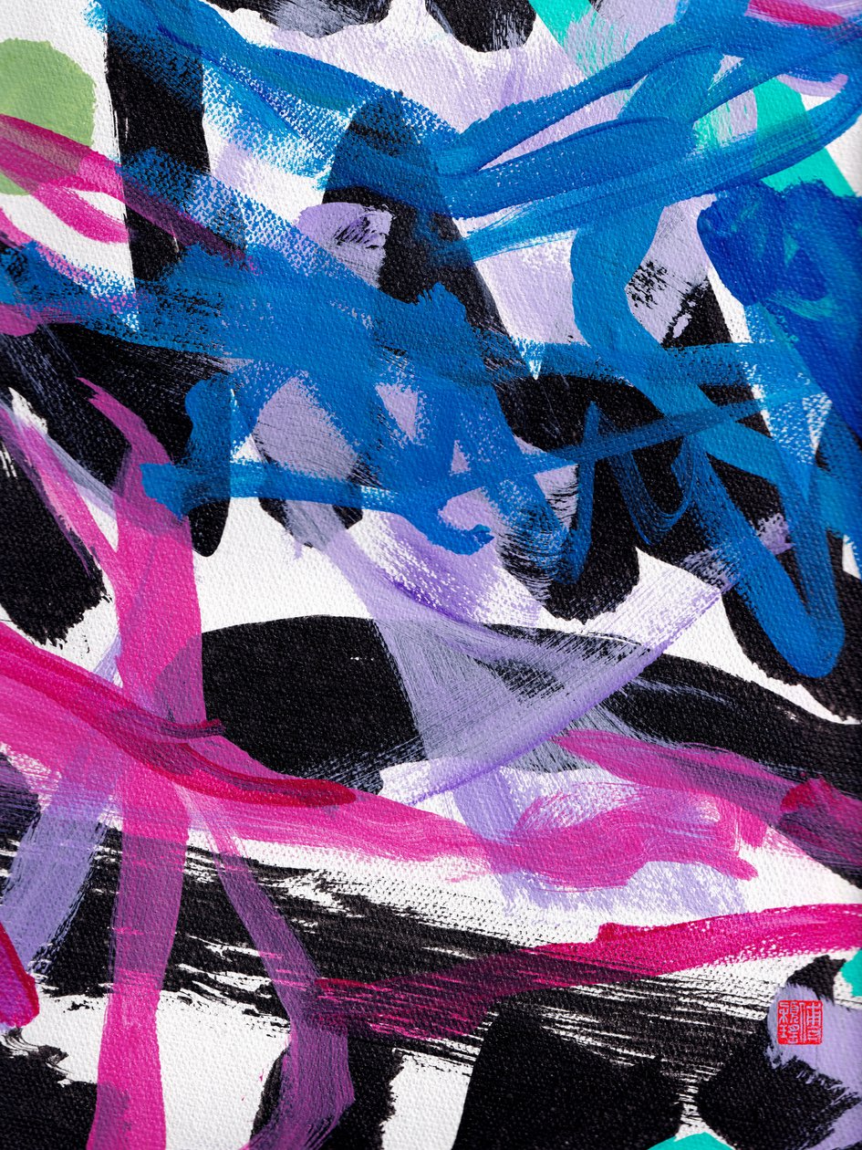 Zen Blue Strokes Abstraction, 2023 (akryl på duk) av Odilia W. Y. Fu