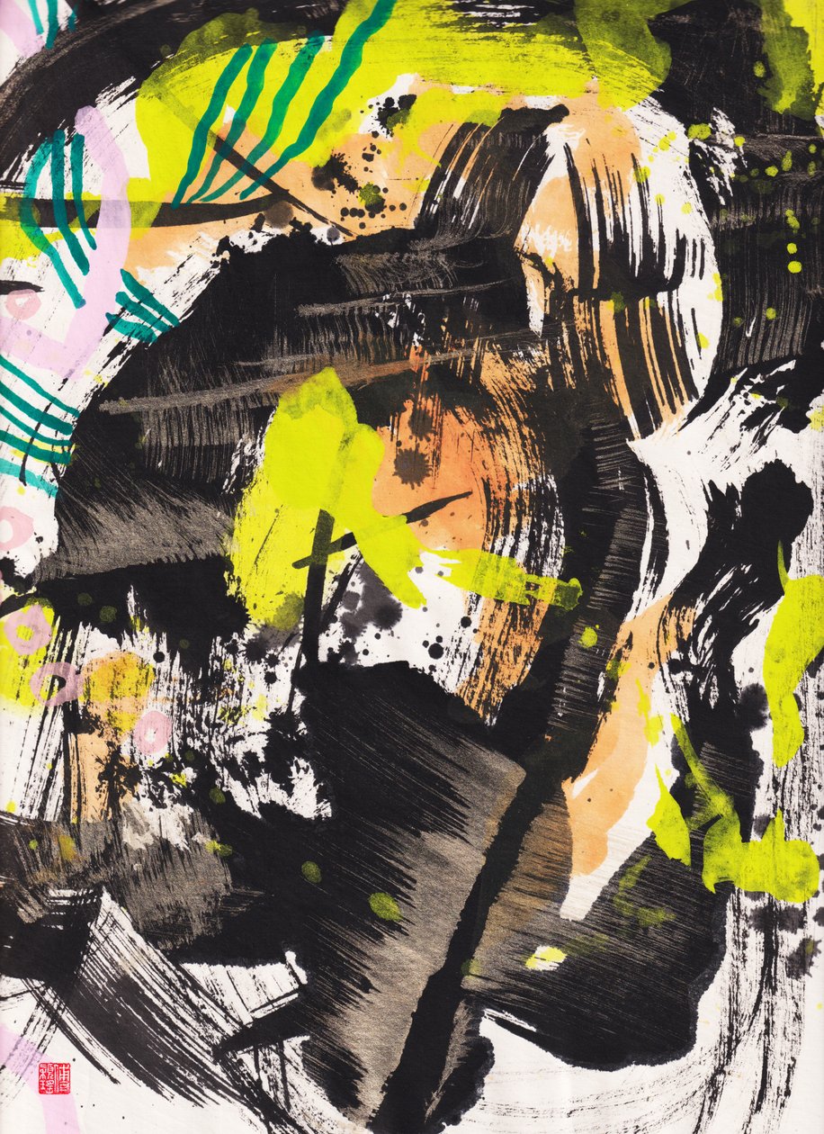 Zen Fire And Wind Ink Abstraction, 2018 (Tusch och färg på Xuan-papper) av Odilia W. Y. Fu