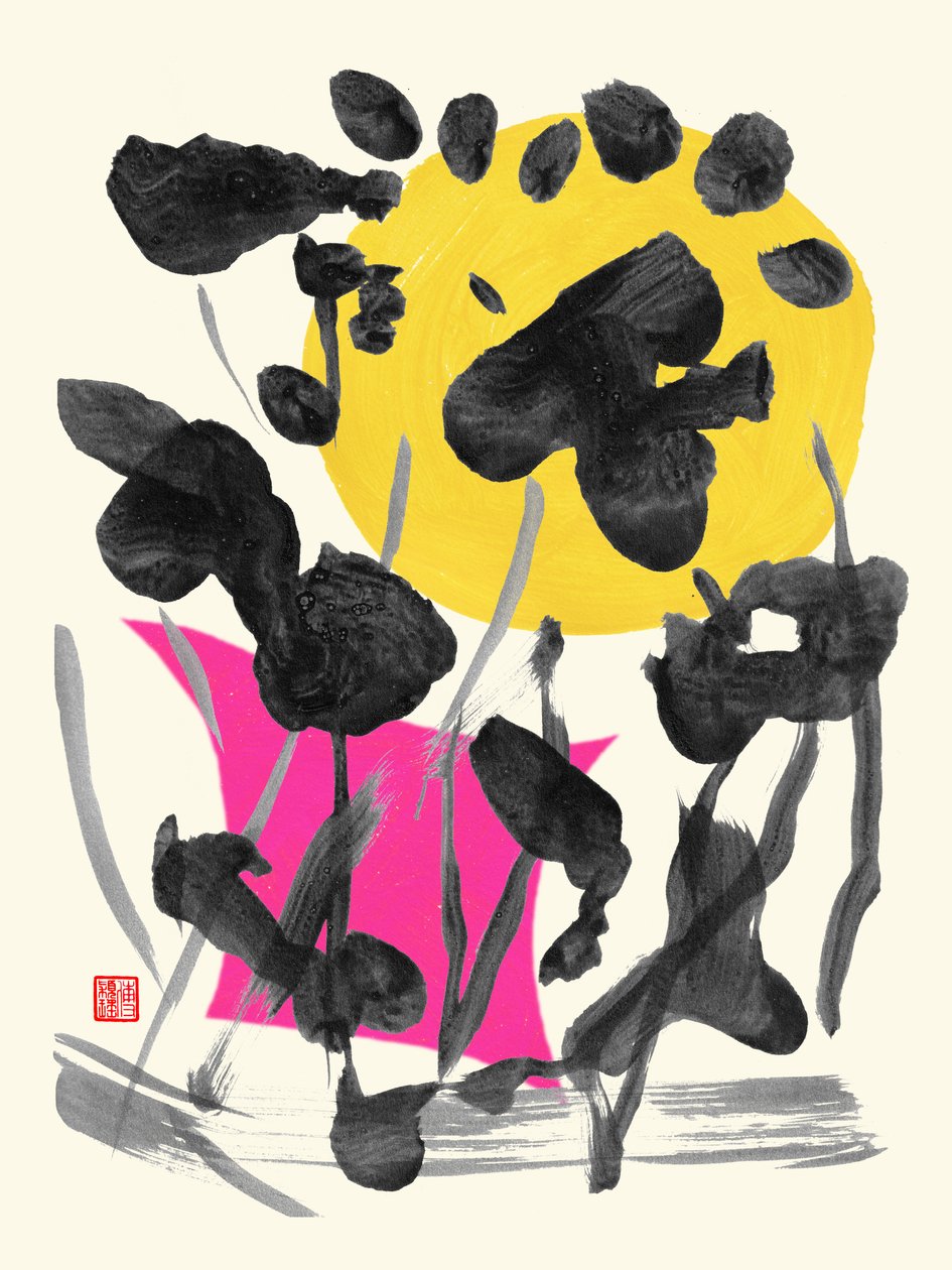Zen Full Moon Ink Flowers, 2023 (akryl på papper, digital) av Odilia W. Y. Fu