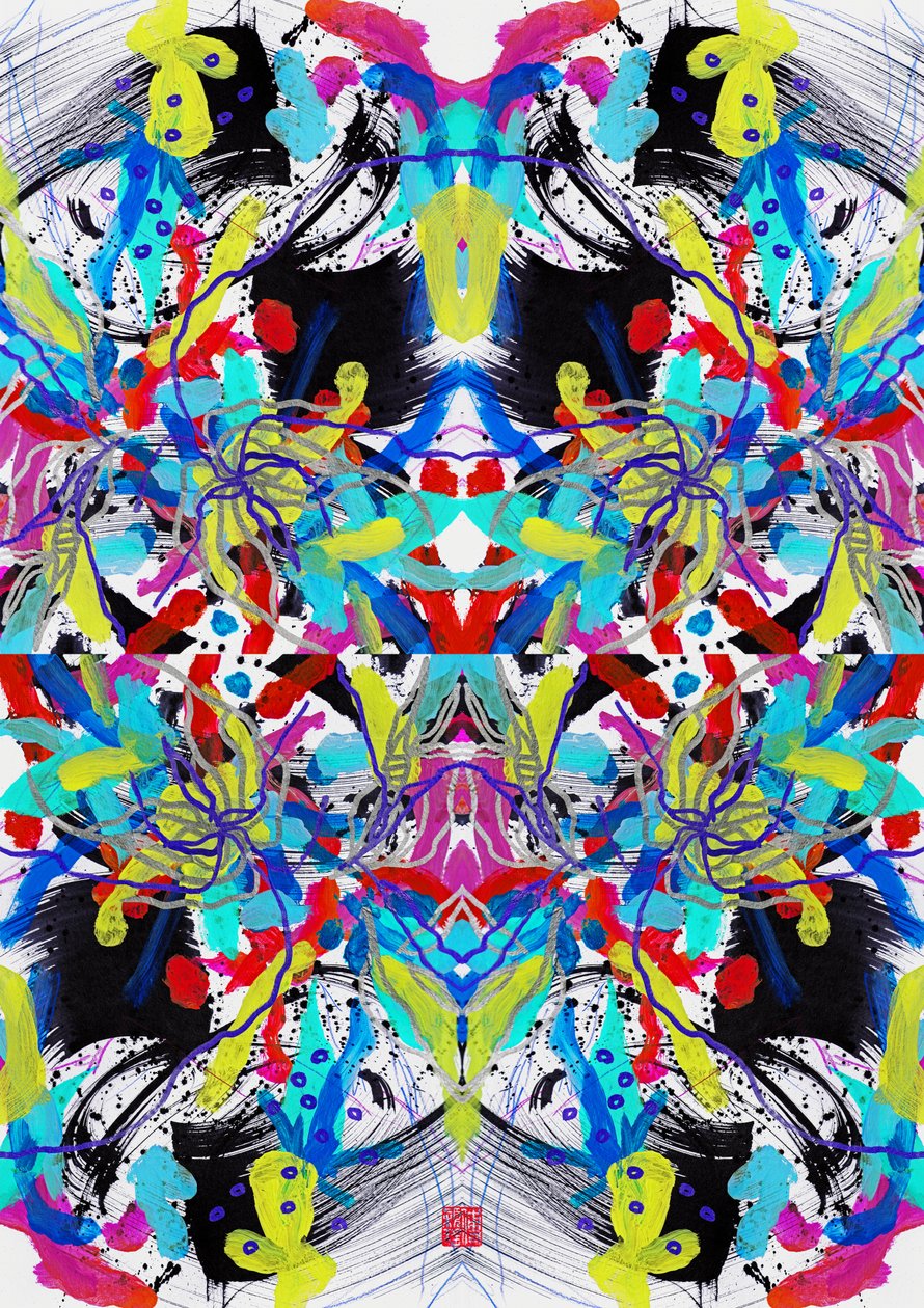 Zen Ink Blue Red Yellow Floral Pattern, 2023 (akryl på papper, digital) av Odilia W. Y. Fu