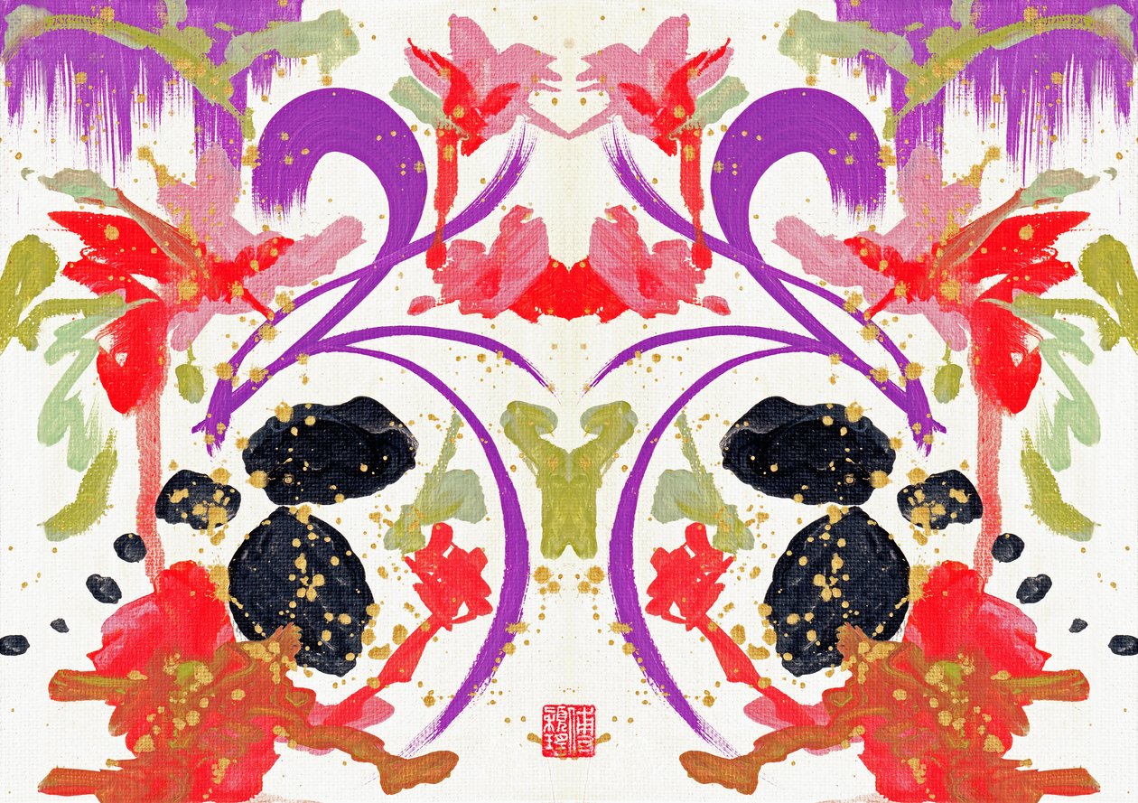 Zen Orange Lila Blommor 1, 2021 (akryl på duk, digital) av Odilia W. Y. Fu
