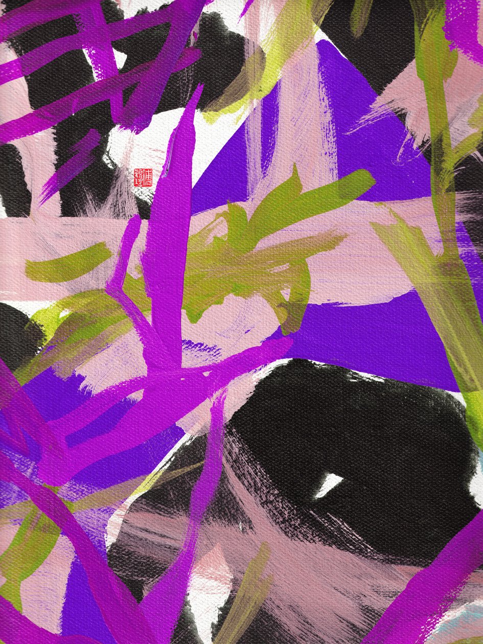 Zen Purple Floral, 2023 (akryl på duk) av Odilia W. Y. Fu