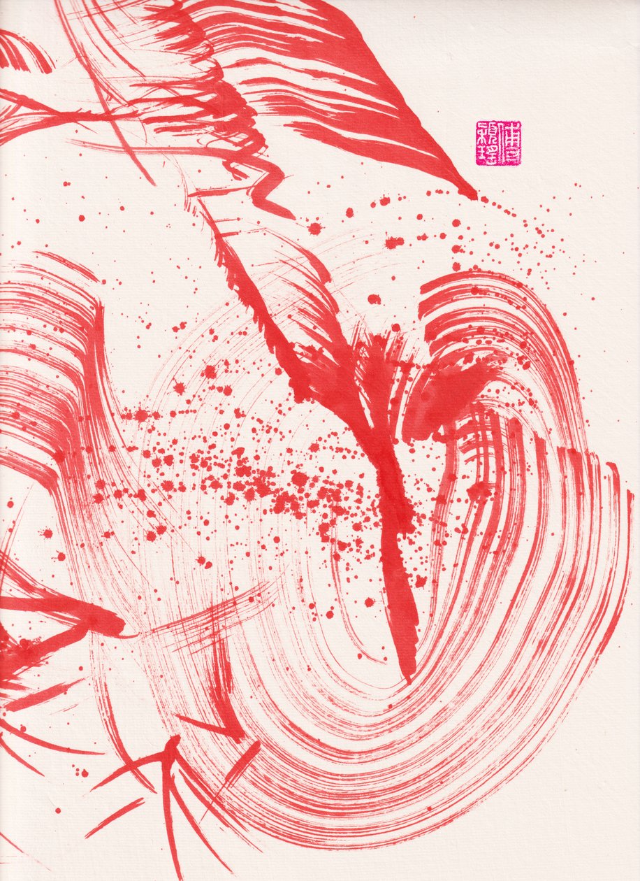 Zen Red Bamboo Ink Abstraction 1, 2020 (akryl på Xuan-papper) av Odilia W. Y. Fu