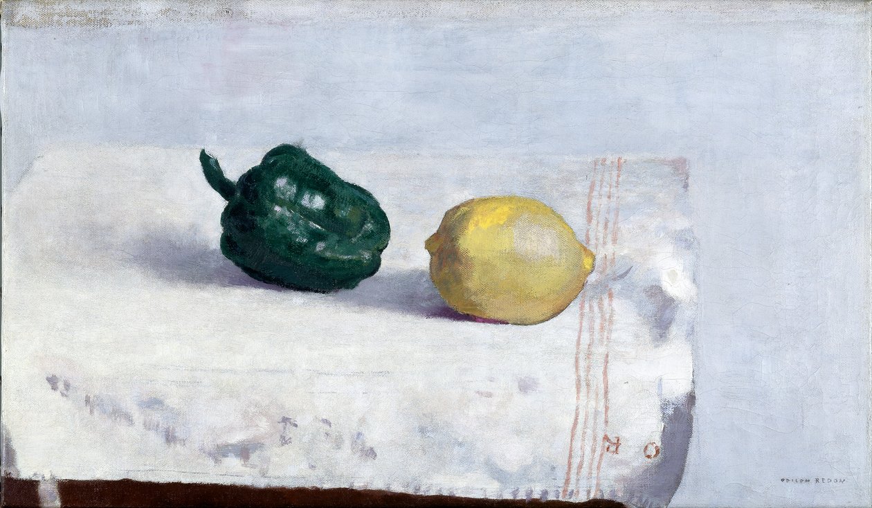 Peppar och citron på en vit duk, 1901 av Odilon Redon