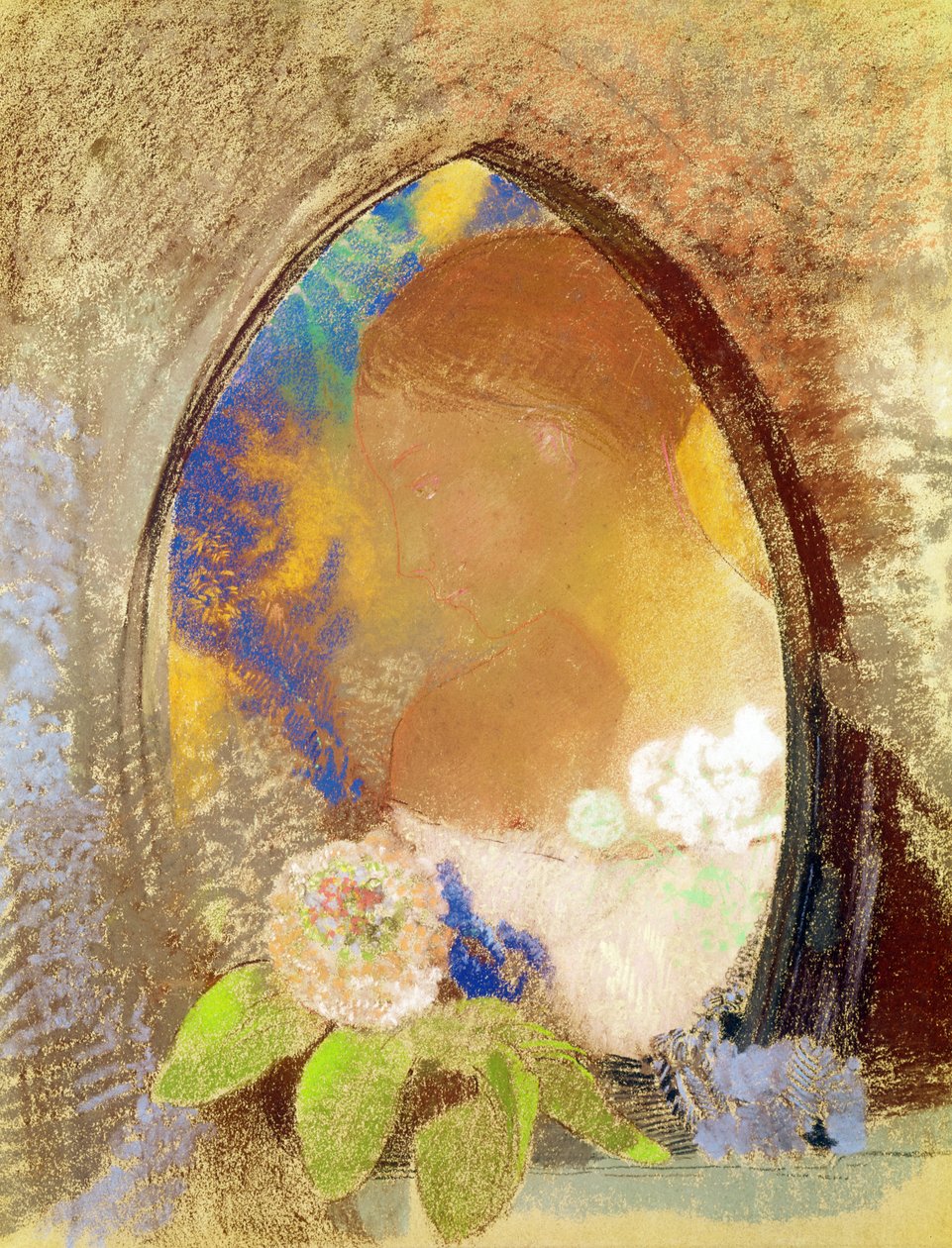 Porträtt med blommor (pastell på papper) av Odilon Redon