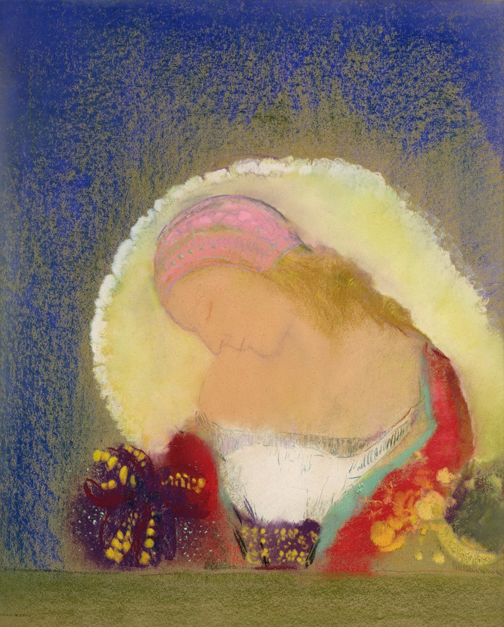 Profil av en flicka med blommor, ca 1900 (pastell på papper) av Odilon Redon
