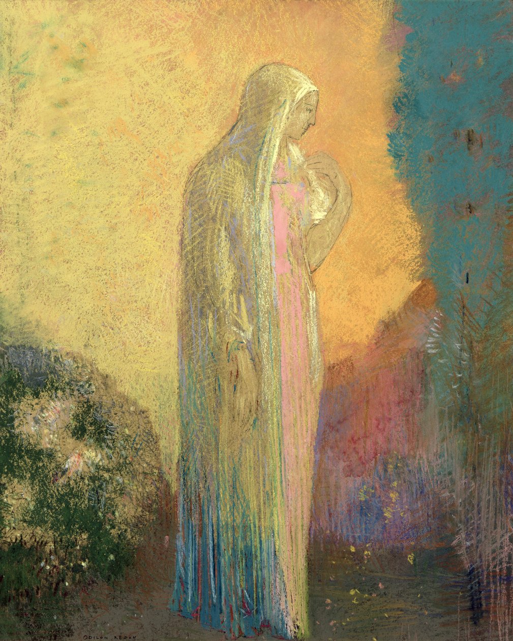 Stående sløret kvinde (pastel på papir) swed av Odilon Redon