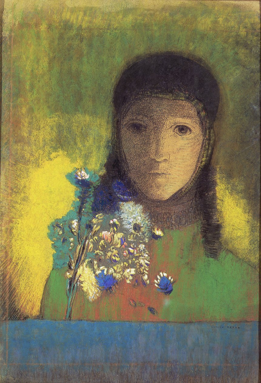Kvinna med vilda blommor, 1895-1900 (pastell, träkol) av Odilon Redon