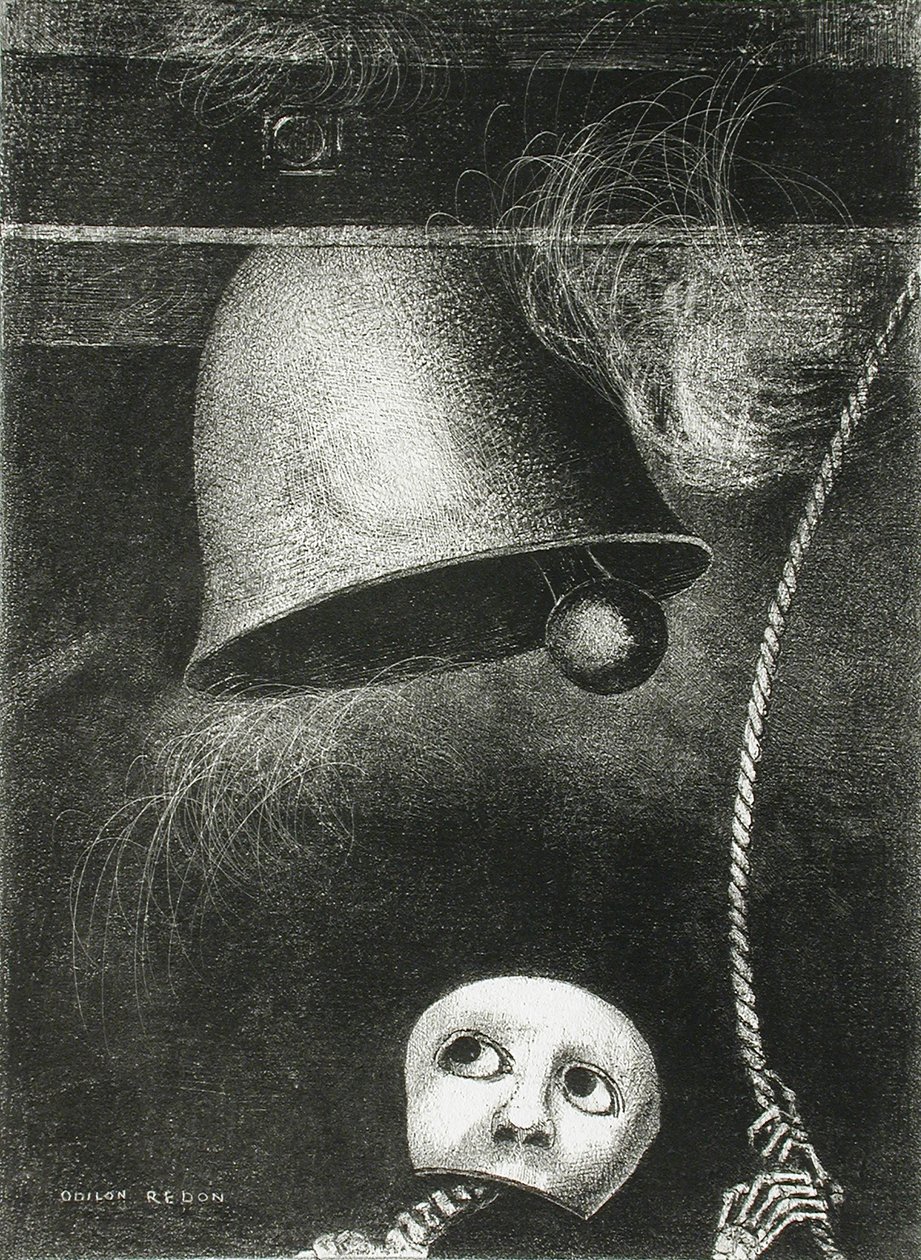 En mask låter dödsstöten. Serie: For Edgar Poe, 1882 av Odilon Redon