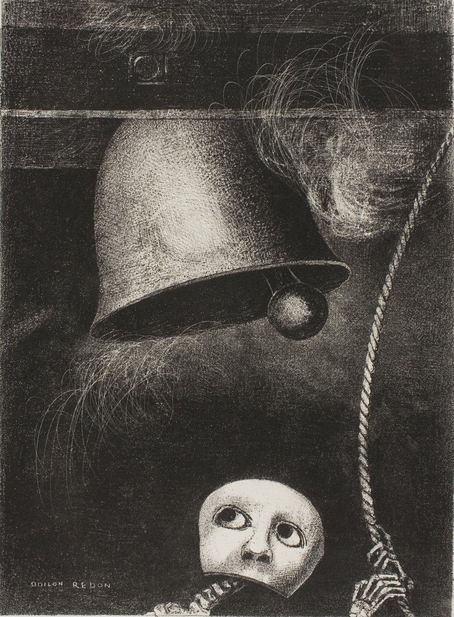 A Mask Sounds the Funeral Knell, tallrik tre från To Edgar Poe av Odilon Redon