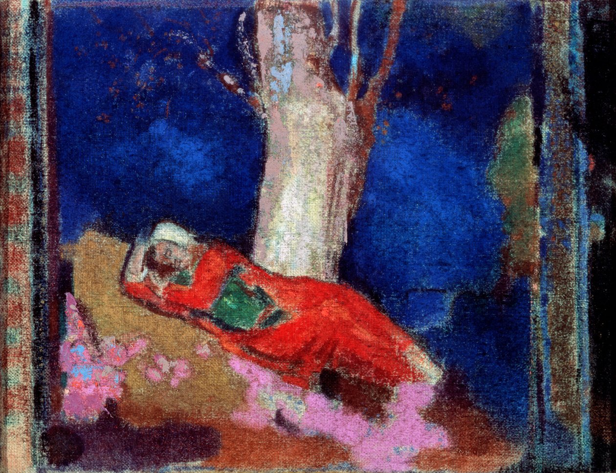En kvinna som ligger under trädet, 1800- eller tidigt 1900-tal. av Odilon Redon
