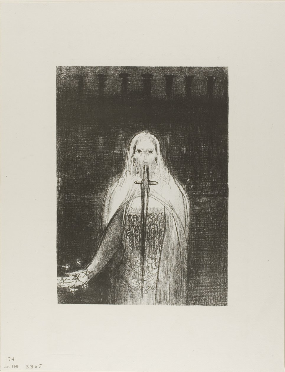 Och han hade i sin högra hand sju stjärnor; och ur hans mun gick ett skarpt tvåeggat svärd, plåt 1 av 12 av Odilon Redon