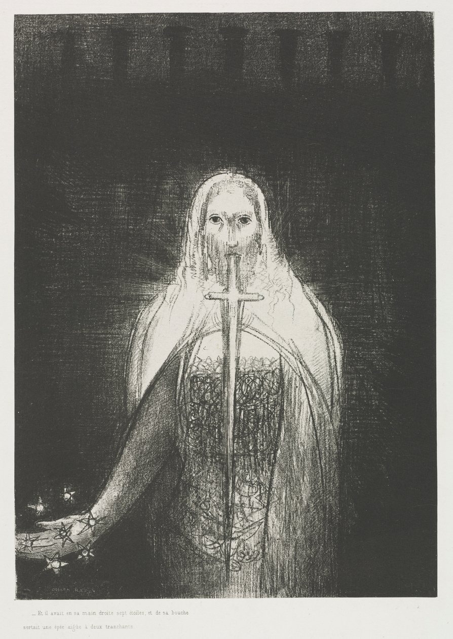 Och han hade i sin högra hand sju stjärnor; och ur hans mun gick ett skarpt tvåeggat svärd av Odilon Redon