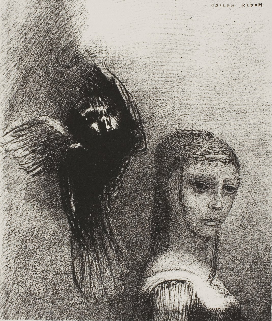 Och en stor fågel, som stiger ner från himlen, slungar sig själv mot den översta punkten av hennes hår, platta 3 av 10 av Odilon Redon