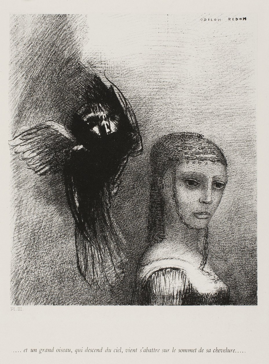 Och en stor fågel, som stiger ned från himlen, slungar sig själv mot den översta punkten av hennes hår, plåt 3 av 10, 1888 av Odilon Redon