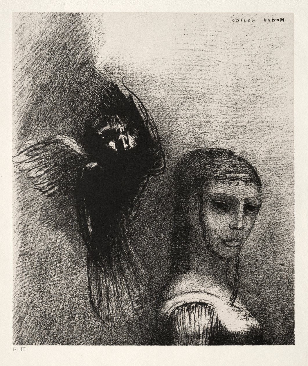 Och en stor fågel, som stiger ner från himlen, slungar sig själv mot den översta punkten av hennes hår av Odilon Redon