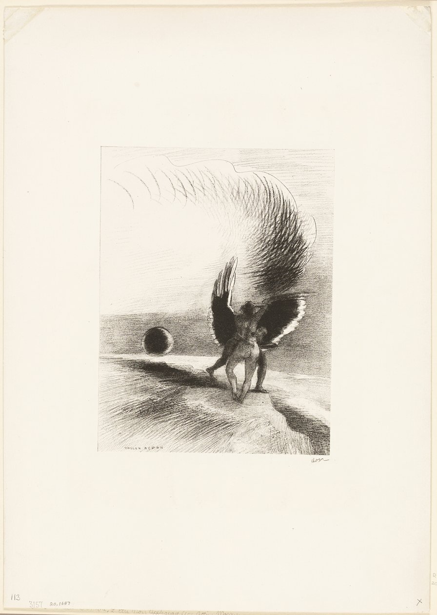 Under The Wing of Shadow bet den svarta varelsen energiskt, platta 4 av 6 av Odilon Redon
