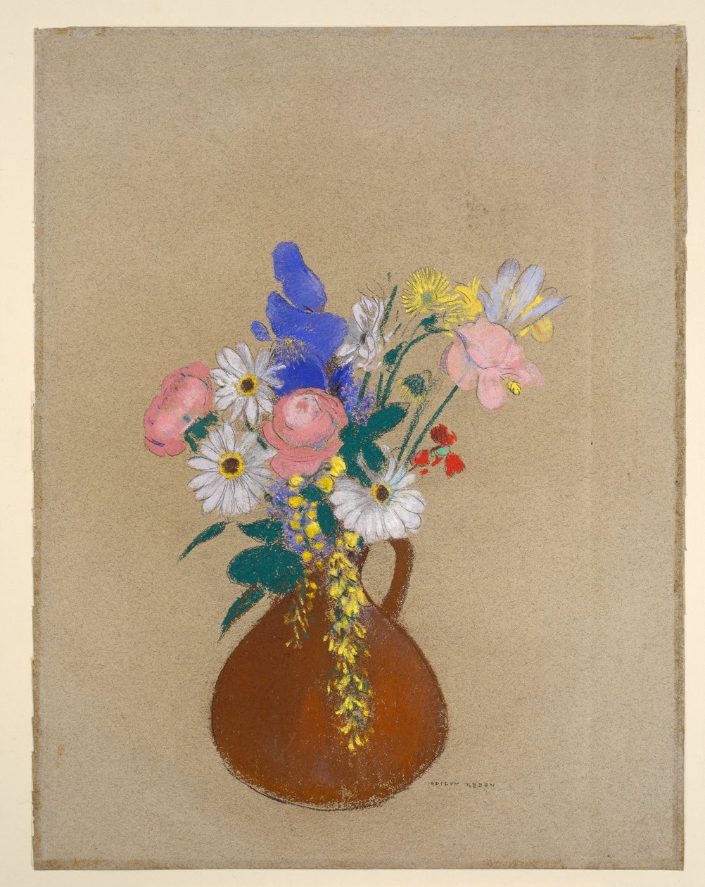 Blombukett i en brun lervas av Odilon Redon