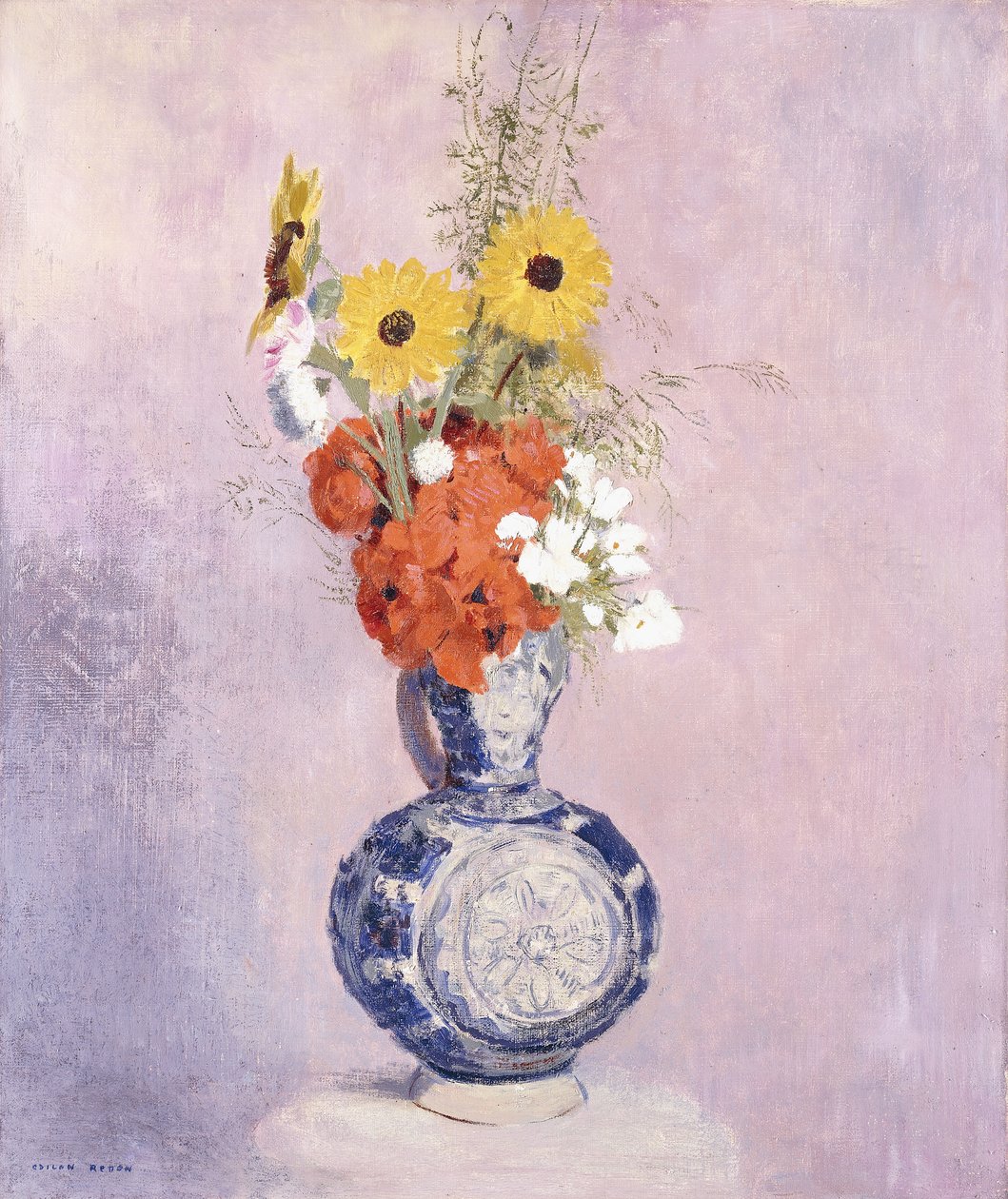 Bukett blommor i en blå vas, av Odilon Redon