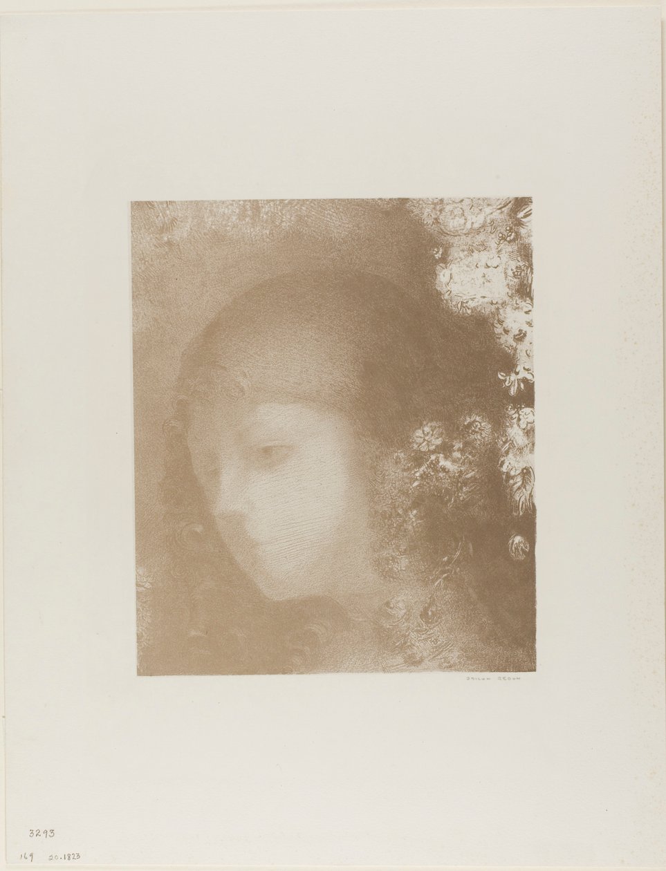 Barns huvud med blommor av Odilon Redon