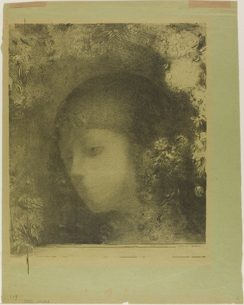 Barns huvud med blommor av Odilon Redon