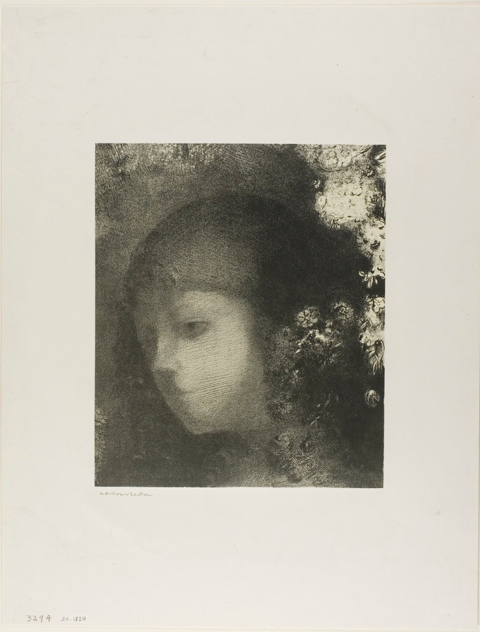 Barns huvud med blommor av Odilon Redon