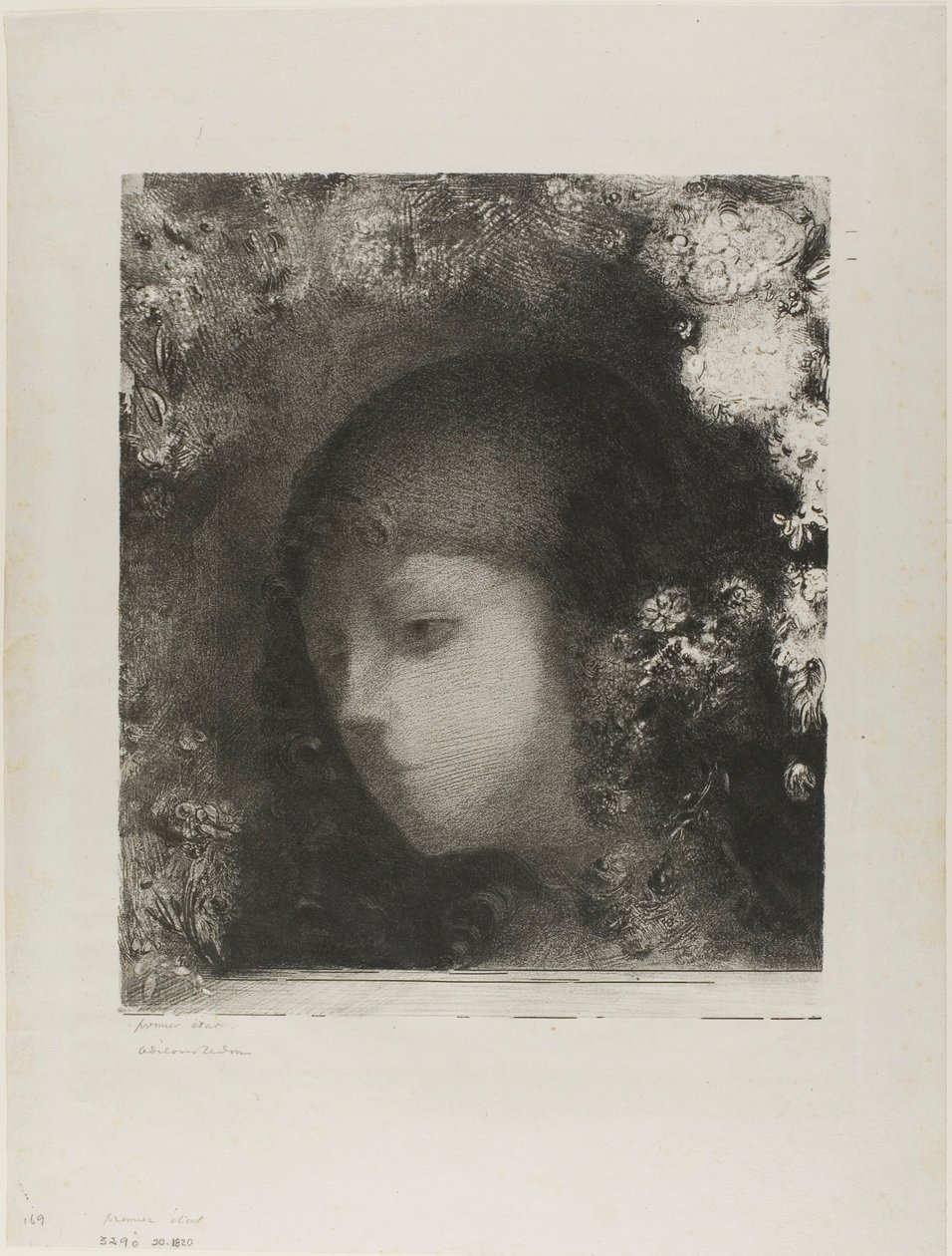 Barns huvud med blommor av Odilon Redon