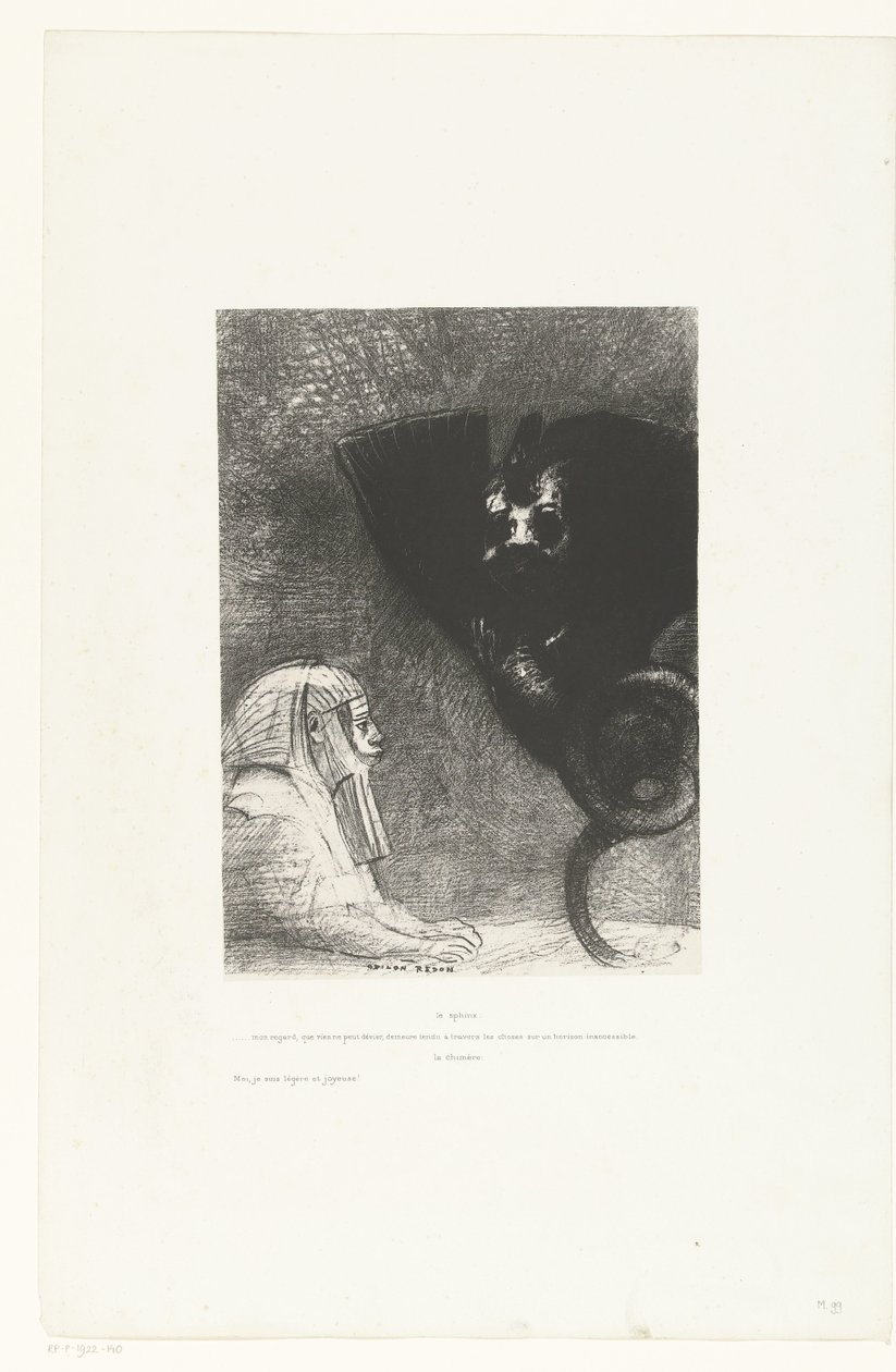 Från sfinx till chimaera Sfinxen: ...min blick, som ingenting kan avvika, förblir spänd genom saker på en otillgänglig horisont, Chimären: Jag, jag är lätt och glad! Temptation of Saint Anthony (2) (serietitel) Söker van de heilig av Odilon Redon