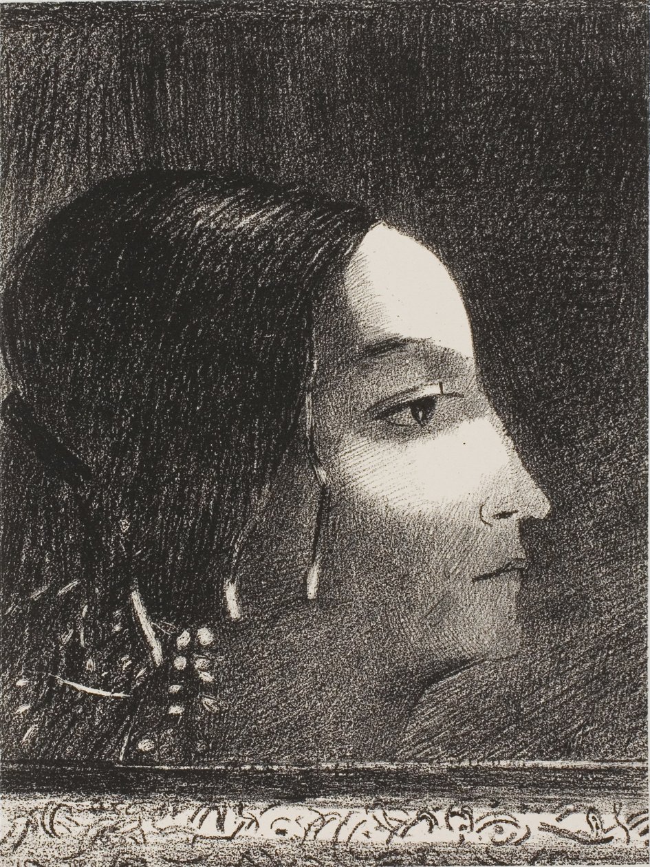 Dramatisk och grandios med hennes ansikte som en druidprästinnas av Odilon Redon