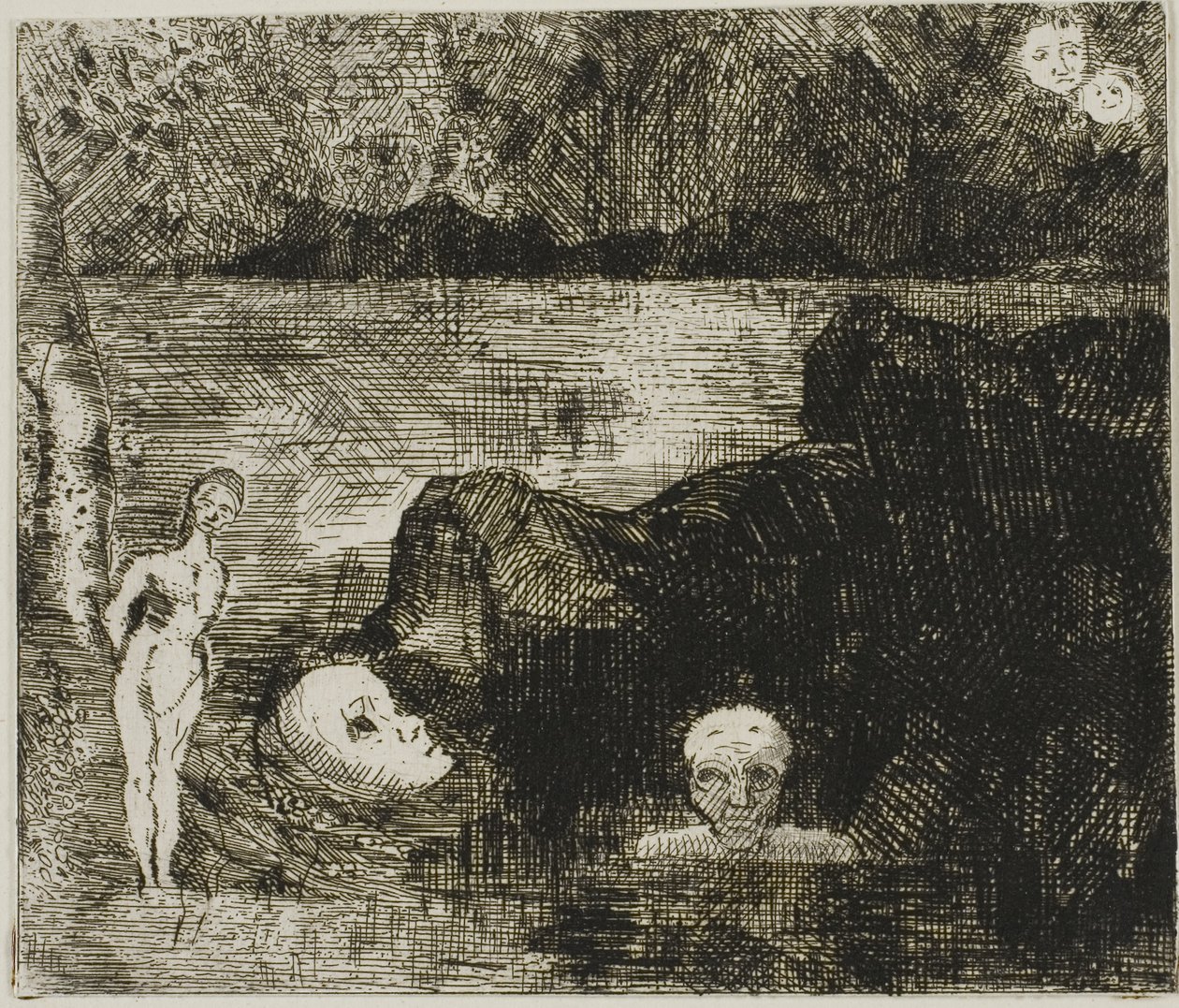 Dream Vision, ca 1880 (etsning och torrnål på elfenbensvävt papper) av Odilon Redon
