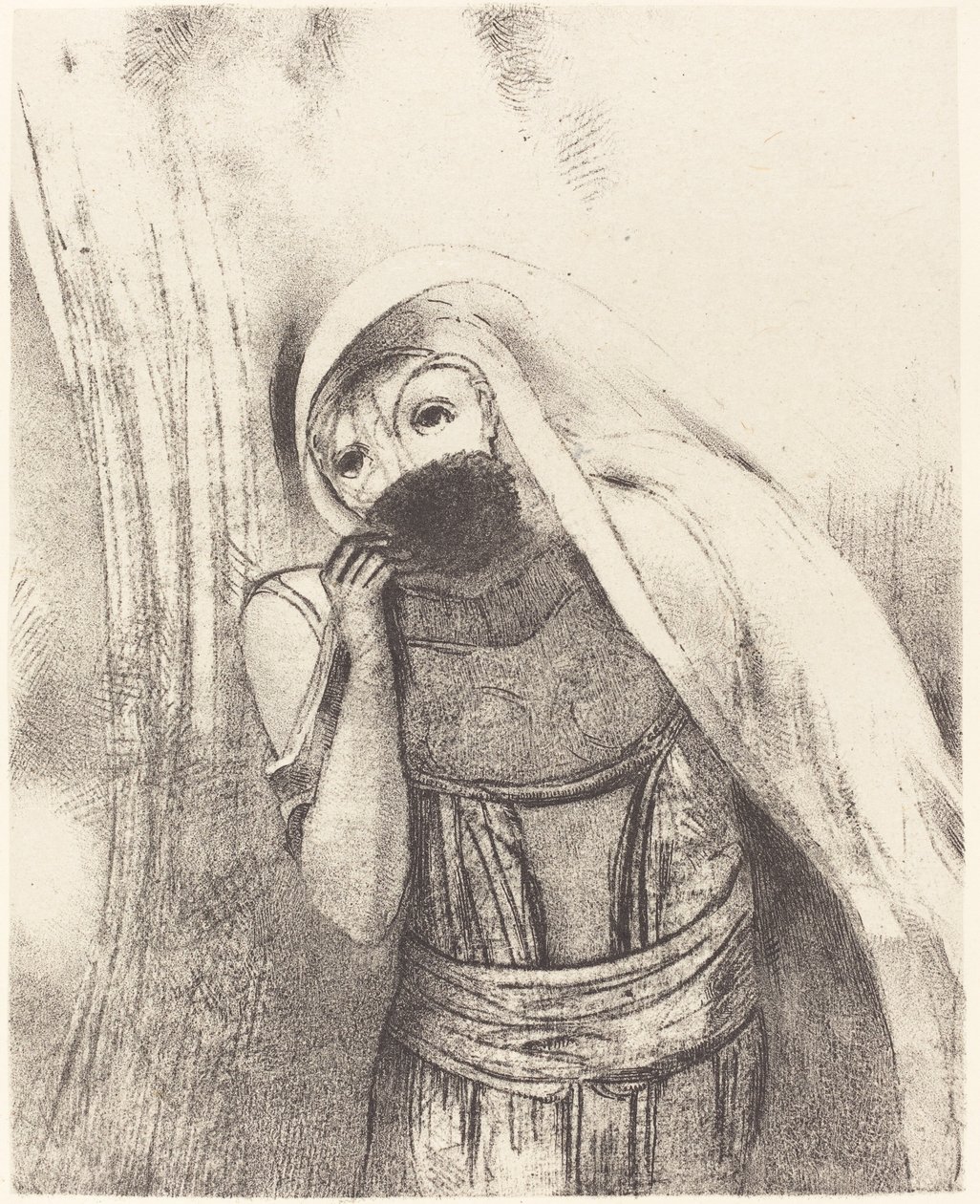 Hon drar från sin barm en svamp, helt svart, och täcker den med kyssar av Odilon Redon