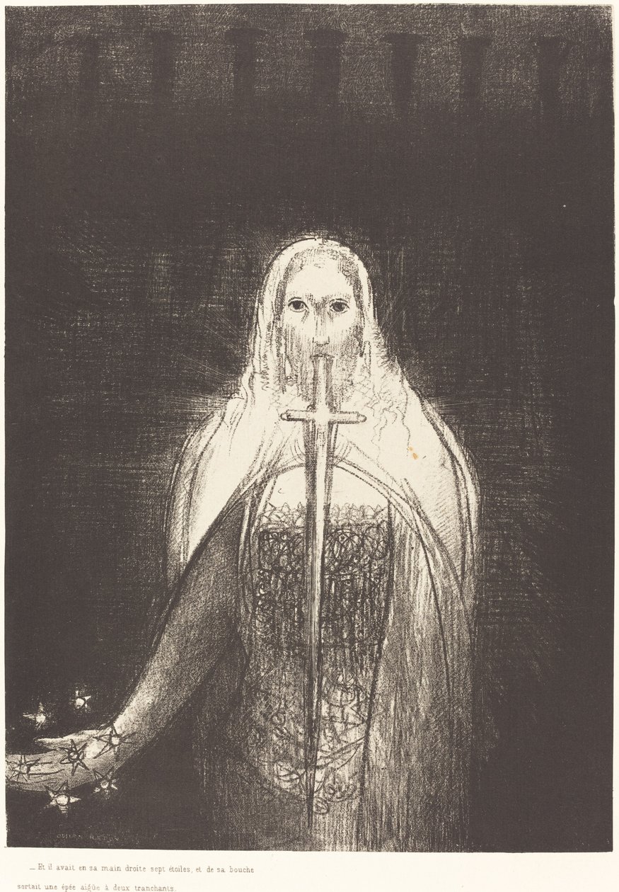 Och han hade sju stjärnor i sin högra hand, och ur hans mun gick ett skarpt tveeggat svärd av Odilon Redon