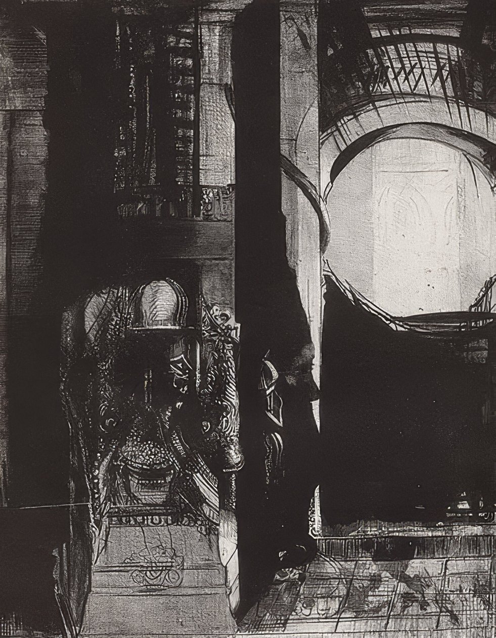 Och överallt finns basaltpelare,? Ljus faller från valven, Blatt 3 der Folge La Tentation de Saint-Antoine. 1896 av Odilon Redon