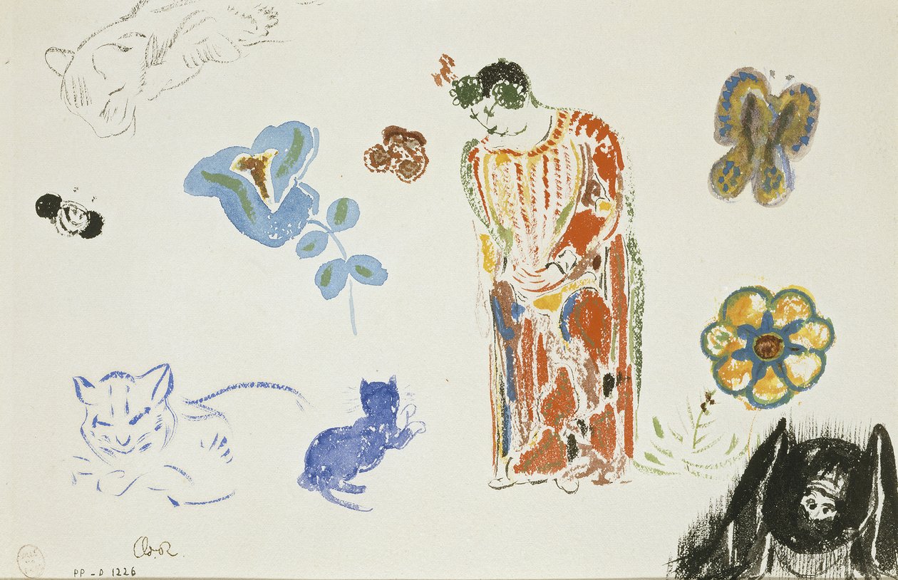 Studieblad: kvinna, blommor och djur av Odilon Redon