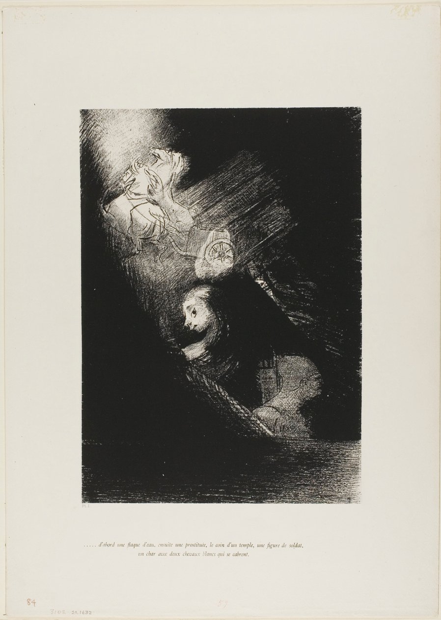 Först en vattenpöl, sedan en prostituerad, hörnet av ett tempel, en soldats ansikte, en vagn med två vita hästar, plansch 1 från The Temptation of Saint Anthony (1:a serien) av Odilon Redon