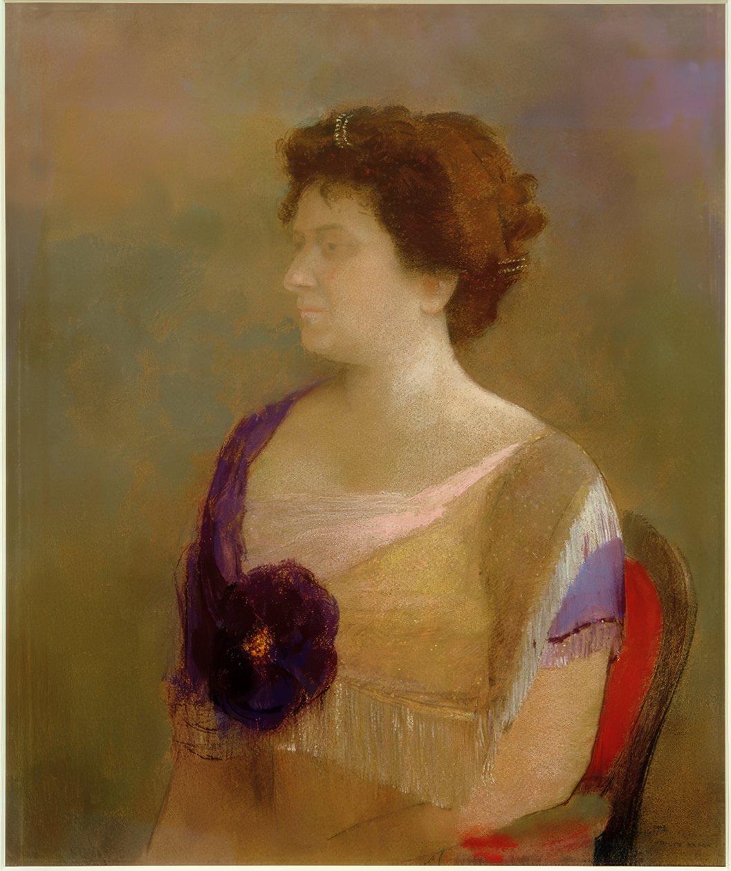 Kvinna med blomma på livstycket av Odilon Redon