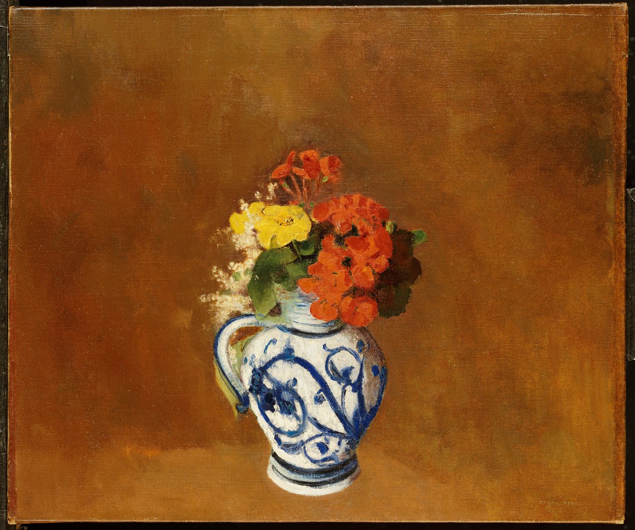 Pelargoner och andra blommor i en stengodsvas av Odilon Redon