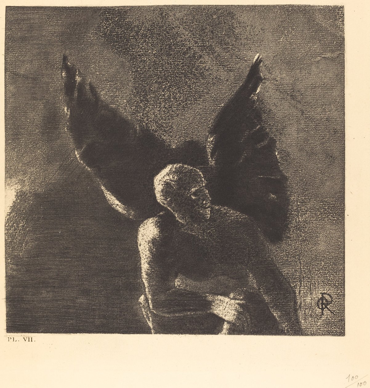 Ära och lov till dig, satan, på himlens höjder där du regerade, och i helvetets djup, där du är besegrad, drömmer du i tysthet! (Ära och lov till dig, Satan, på himlens höjder, där du regerade och i helvetets djup, där, vanqu av Odilon Redon