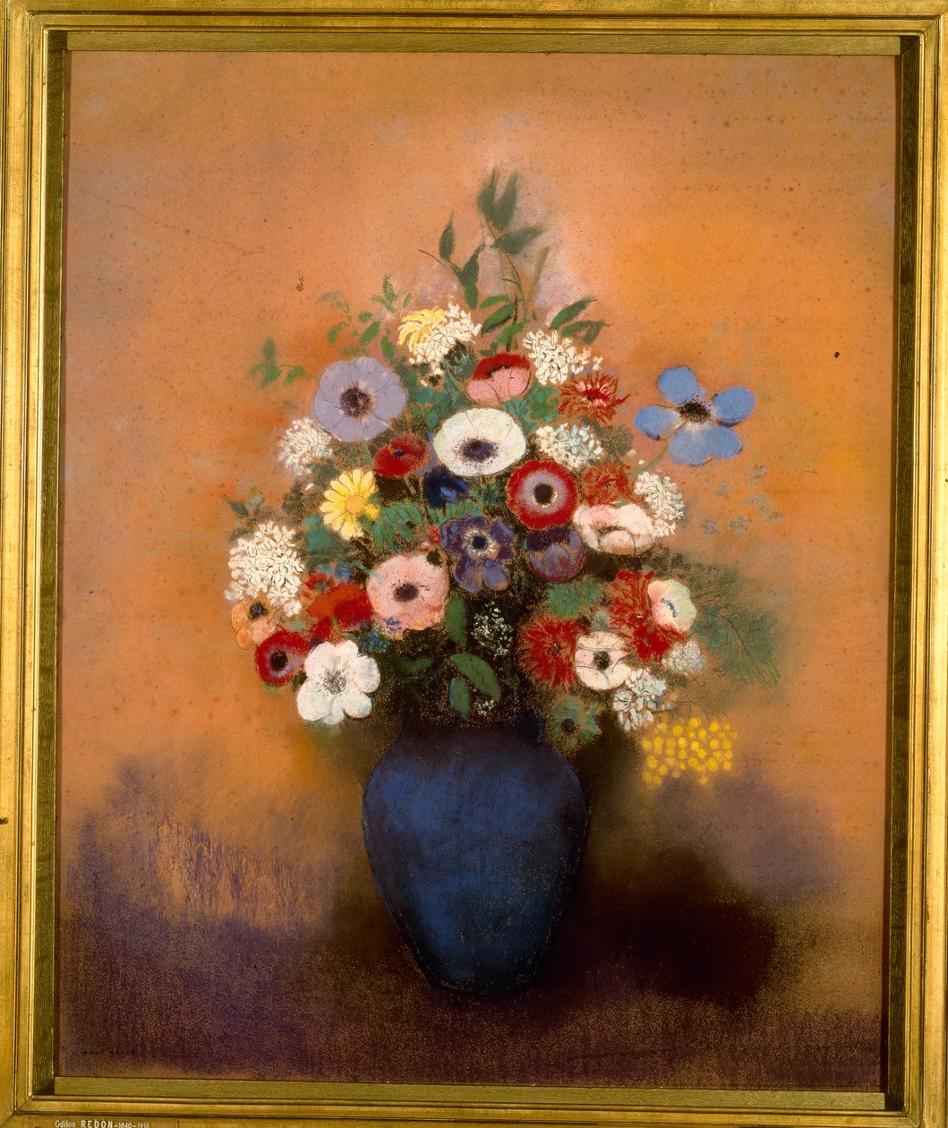 Stor bukett i blå vas av Odilon Redon