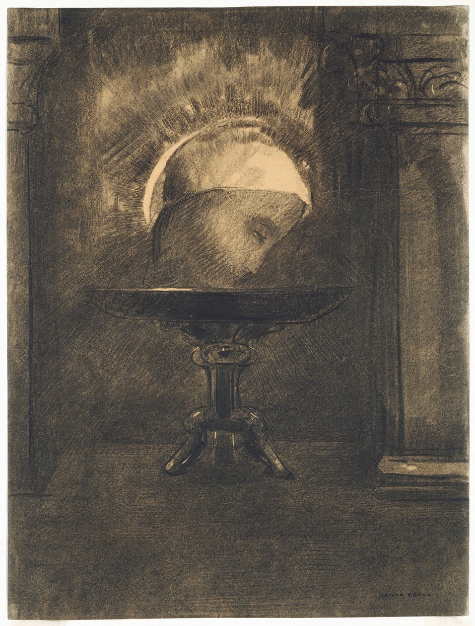 Huvudet bär en frygisk mössa, på en salver av Odilon Redon