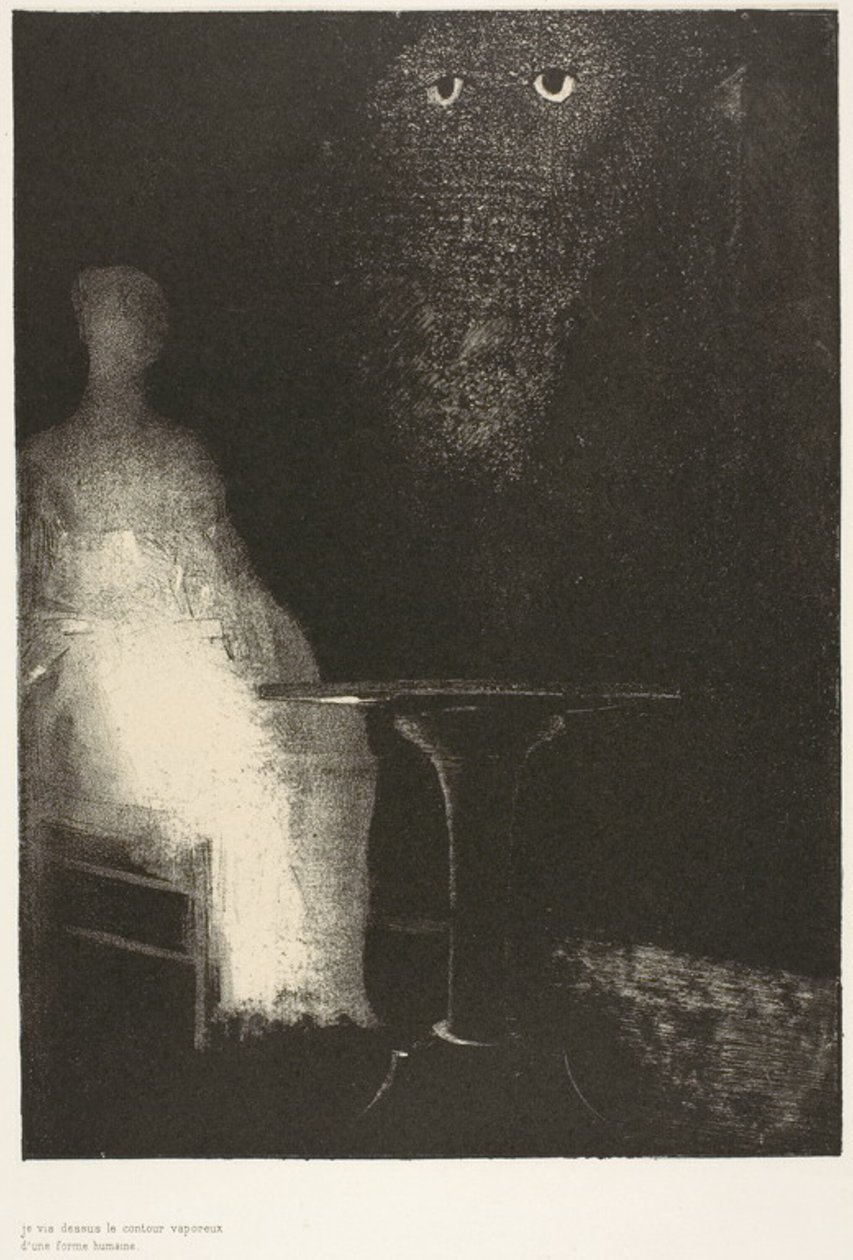 Jag fortsatte att stirra på stolen och tyckte att jag såg på den en blekblå dimmig kontur av en mänsklig figur, skylt 1 av 6 av Odilon Redon